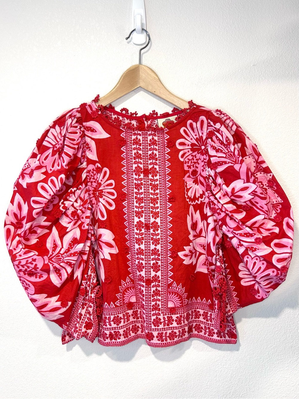 Farm Rio Flora Tapestry Blouse Puff Sleeve Peasant Boho Statement Bold Red XS - Picture 7 of 16